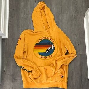 Aviator Nation Mustard Hoodie with Rainbow Graphic